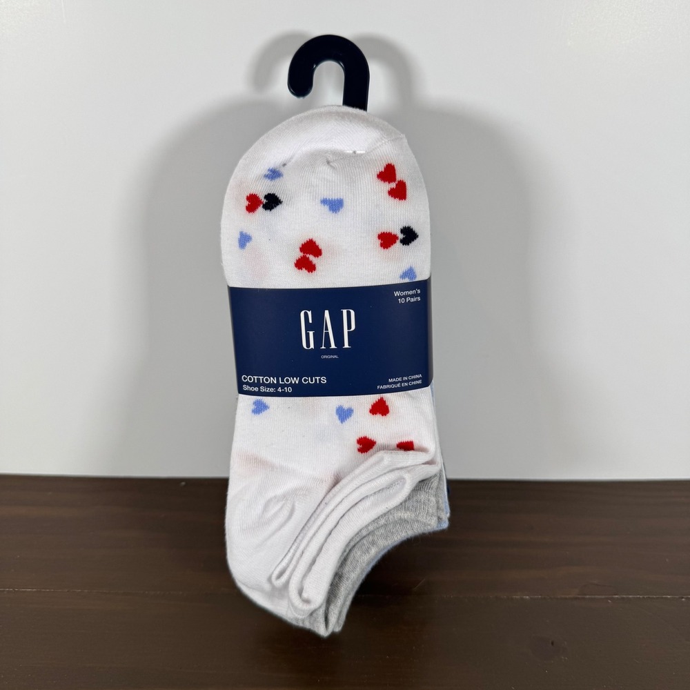 GAP Women's 10 Pair Low Cut Ankle Socks Hearts Blue Gray White Size 4-10 New